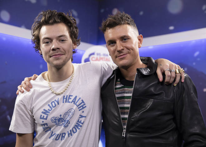Harry Styles and Jimmy Hill in the studio