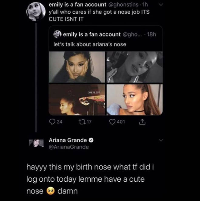 Ariana Grande Hits Back At Fan's Surgery Claim & Insists Her Nose Is ...