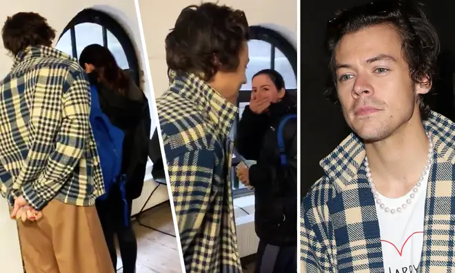 Harry Styles stands behind a fan and surprises them