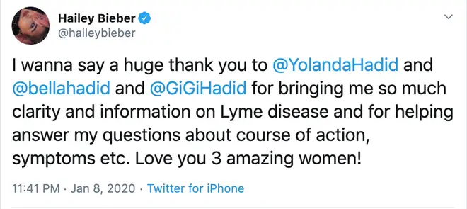 Hailey Bieber thanks the Hadids for teaching her about Lyme disease