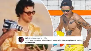 Harry Styles films 'Watermelon Sugar' music video with models on the beach