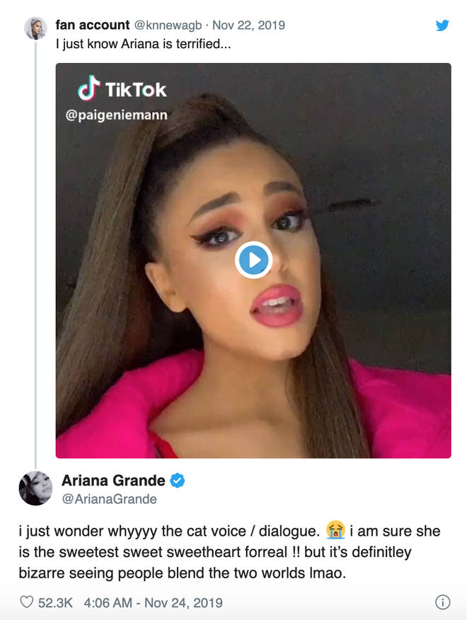 Ariana Grande reacts to Paige Neimann's impersonating videos