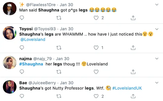 Trolls tweet about Shaughna's legs on Twitter