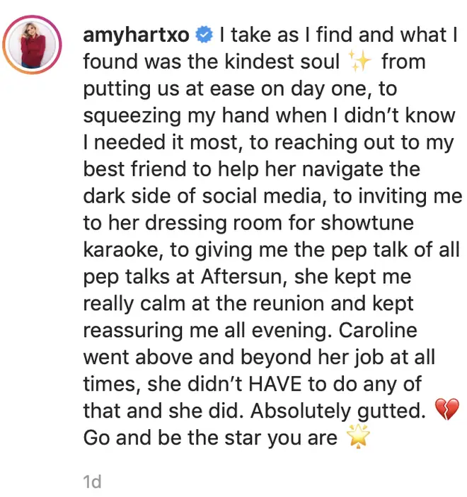 Amy Hart penned an emotional post about Caroline Flack after her passing