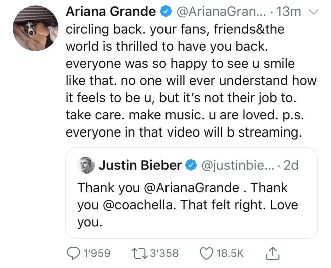 Justin Bieber thanks Ariana Grande for sharing the Coachella stage with him