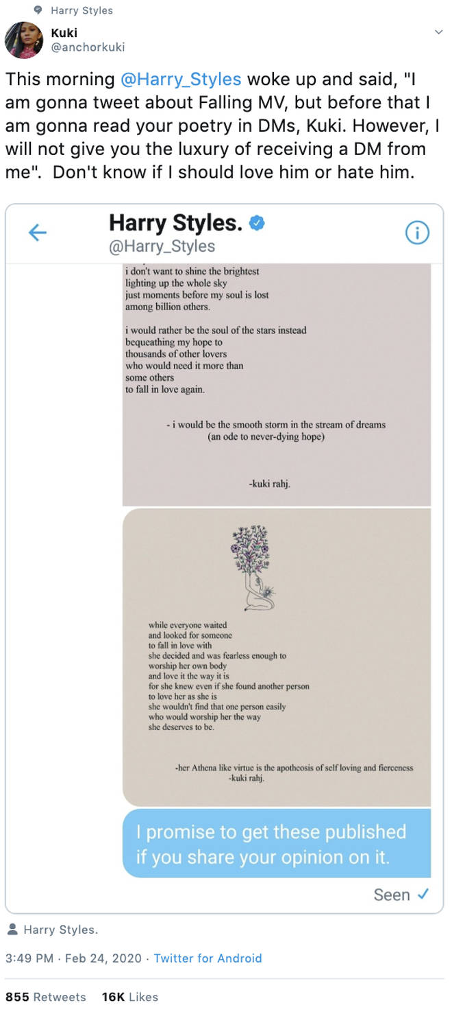 A Harry Styles fan sent the 'Falling' star some poetry on Twitter