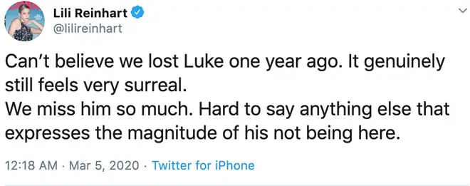 Lili Reinhart tweeted her sadness one year on from Luke Perry's death