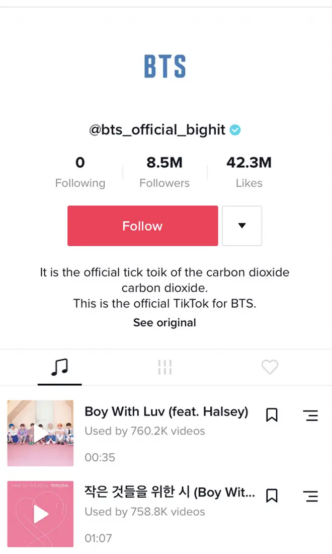 BTS' TikTok profile translates to 'carbon dioxide'