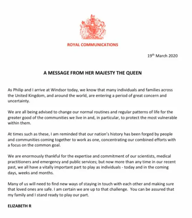 The Queen's statement was issued on Thursday.