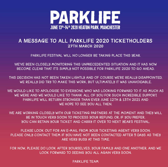 Parklife announced the cancellation of their festival in June