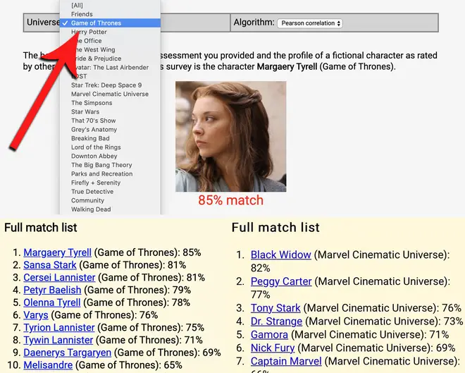 The openpsychometrics character test also filters your results by TV show