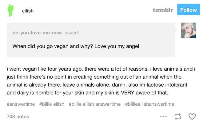 Billie Eilish explained why she became vegan