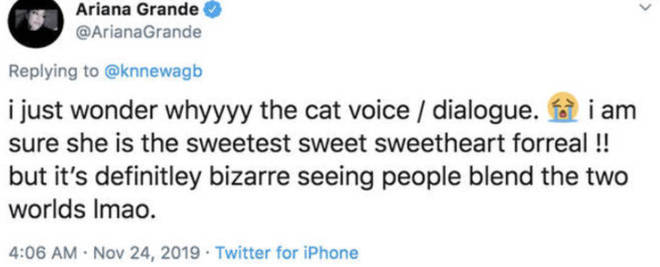 Ariana Grande tweets about TikTok impersonator in 2019
