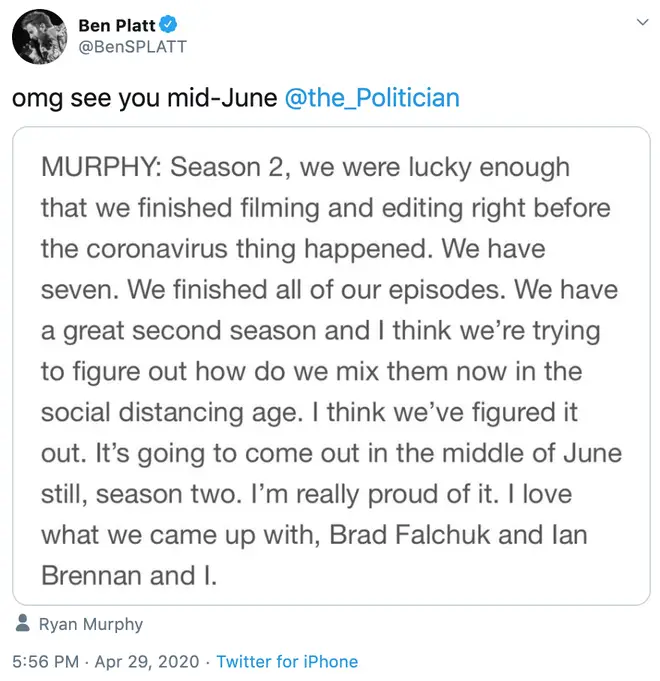 Ben Platt confirmed The Politician will return to Netflix in June 2020