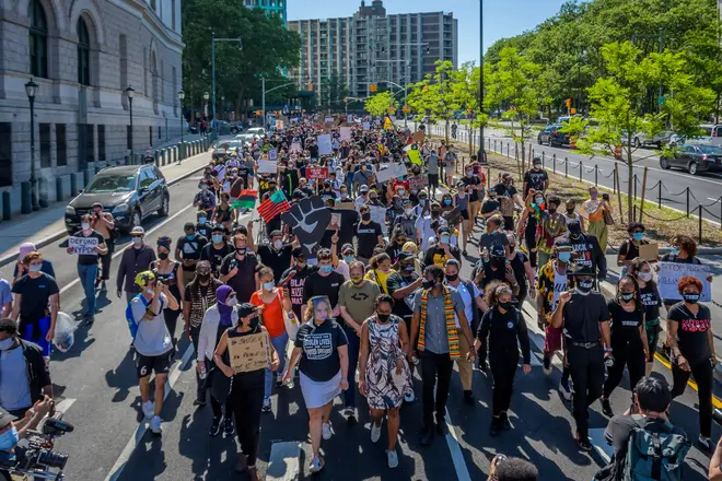 The immense crowd of protesters taking the Manhattan inbound...