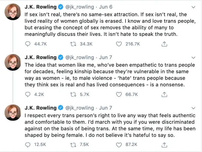JK Rowling's controversial tweets saying 'sex is real'