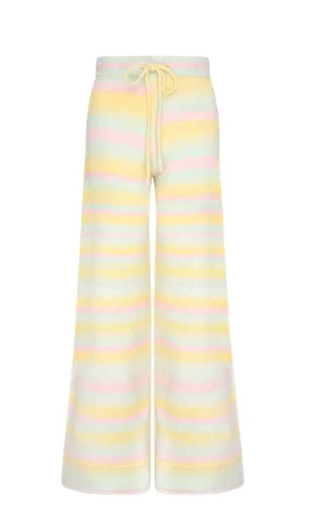 Olivia Rubin rainbow wide leg trousers worn by Stacey Solomon on Celebrity Gogglebox
