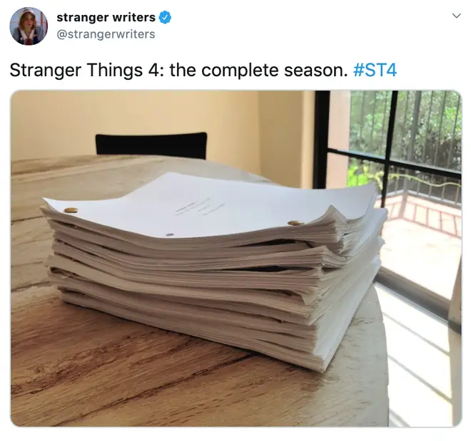 Stranger Things writers shared this photo of the new series' scripts