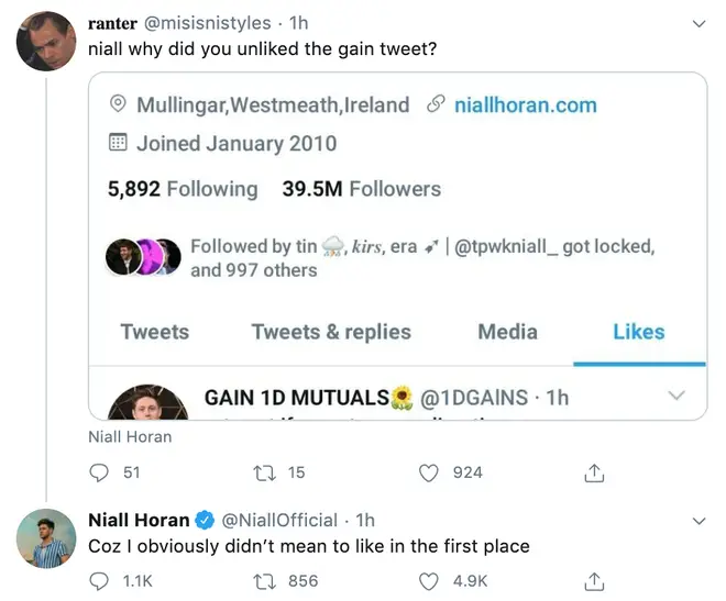 Niall Horan responds to a fan about a One Direction tweet he liked