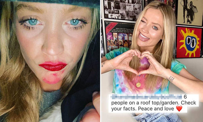 Laura Whitmore told a follower 'check your facts' after meeting her friends on a rooftop