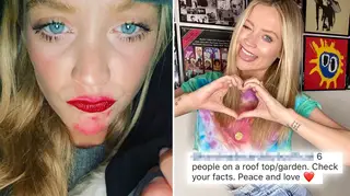 Laura Whitmore told a follower 'check your facts' after meeting her friends on a rooftop