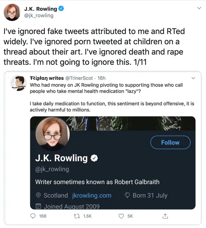 JK Rowling posted a series of tweets.