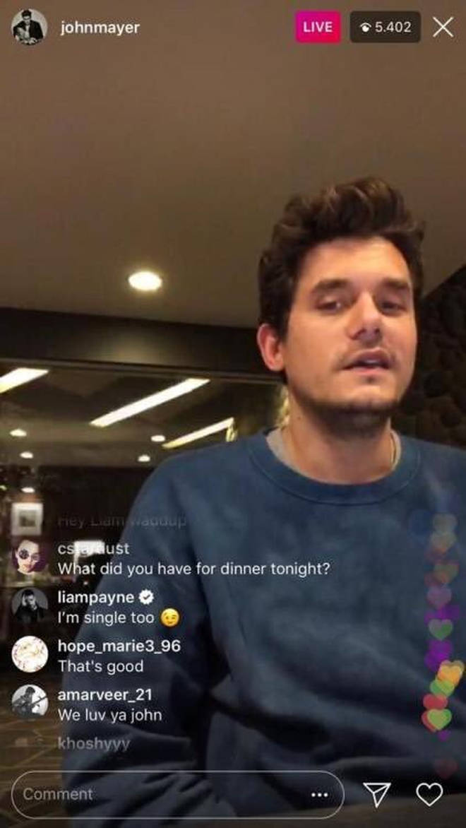 Liam Payne popped up to comment on John Mayer's Instagram Live.
