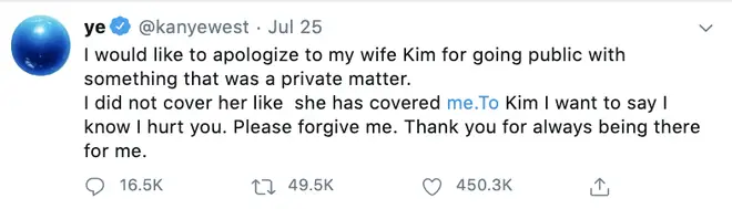 Kanye West apologised to Kim Kardashian on Twitter