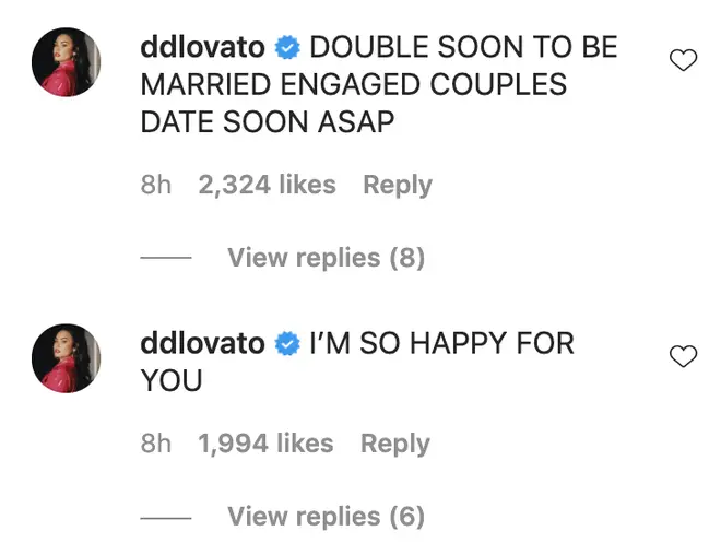 Demi Lovato rushed to congratulate the couple on their engagement.