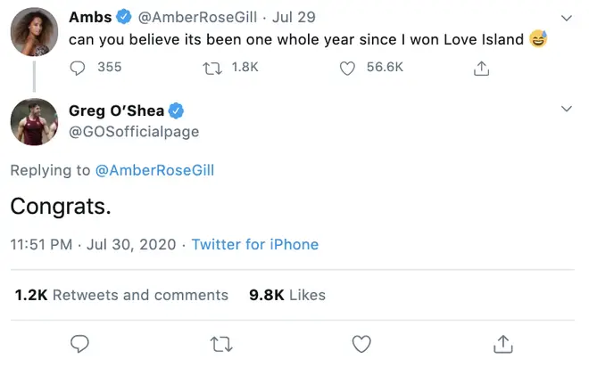 Greg O'Shea threw shade at his Love Island ex Amber Gill