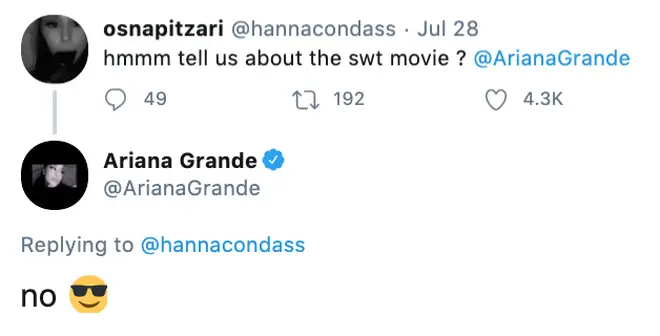 Ariana Grande teases a fan about the Sweetener tour documentary on Twitter