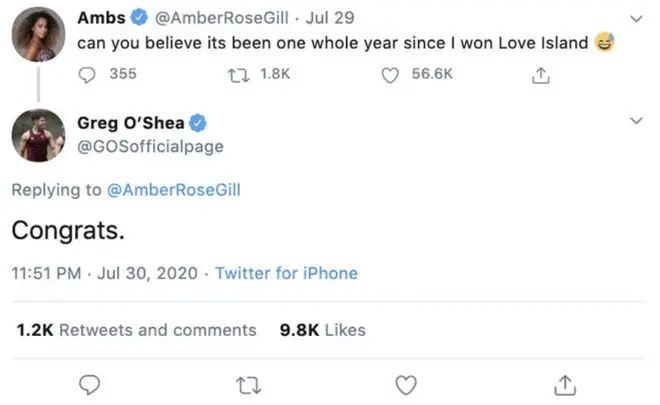 Amber Gill's fans called Greg O'Shea out for his savage response