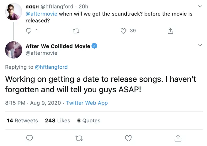 Fans are excited for an After We Collided soundtrack