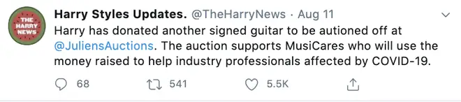 The Harry Styles fan account claimed the 1D star will be auctioning off a guitar