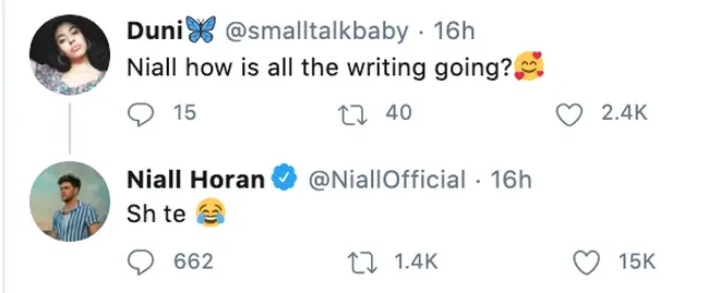 Niall Horan tells a fan his songwriting is going 'sh*te'