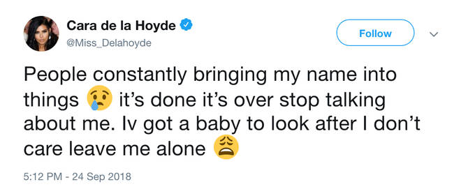 Cara De La Hoyde asked Olivia Buckland to leave her alone in emotional tweet