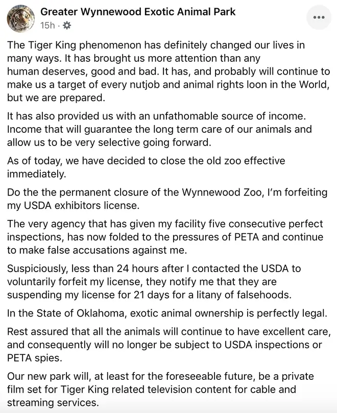 The Facebook post detailed why the zoo closed