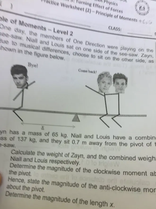 One Direction were used in one student's Physics exam paper