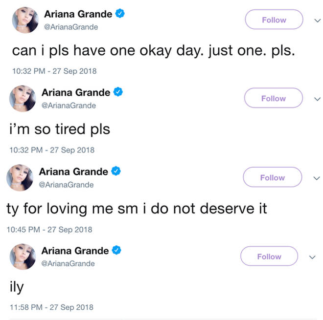Ariana Grande concerned fans with a series of worrying tweets
