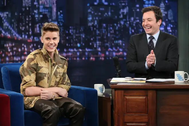 Justin Bieber appearing on Late Night with Jimmy Fallon in 2013