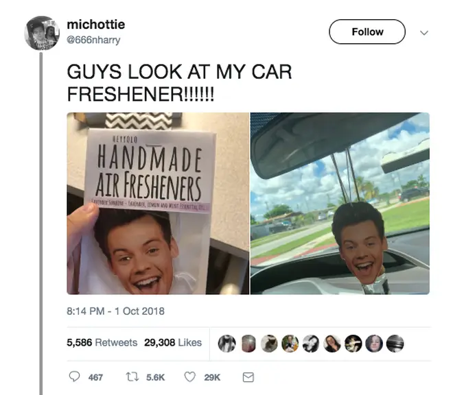 This Harry Styles car air freshener comes in a variety of fragrances and has gone viral online/@666nharry