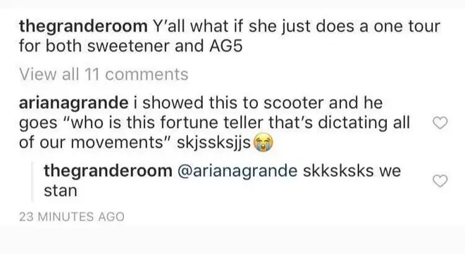 The 'Focus' singer confirmed a tour featuring 'Sweetener' and AG5 on Instagram