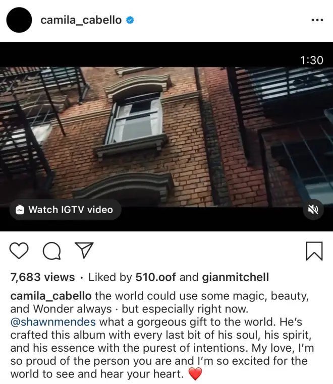 Camila Cabello posts heartfelt message about boyfriend Shawn Mendes's music