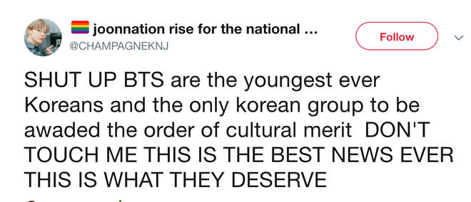 BTS became the youngest ever recipients of the South Korean Order of Cultural merit