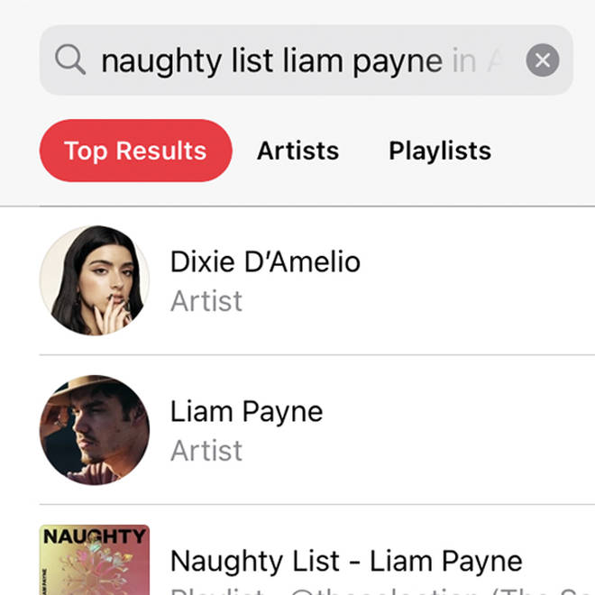 Dixie D'Amelio's name appears in the search results for Liam Payne's new song