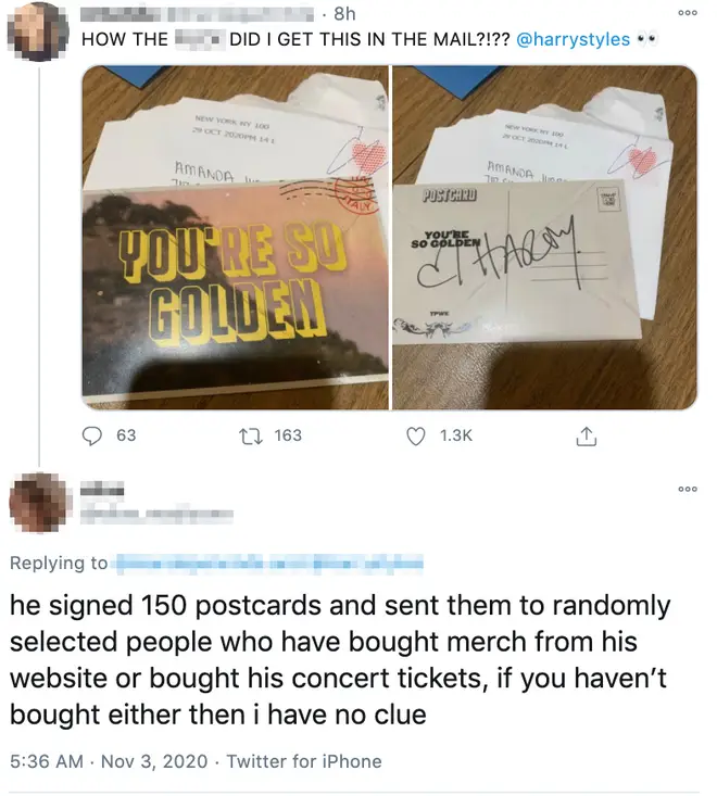 Harry Styles has been sending signed postcards to fans