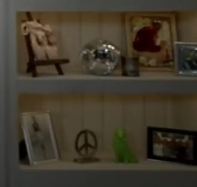 A green dog ornament and mirror ball on two of the shelves was a nod to Taylor's songs