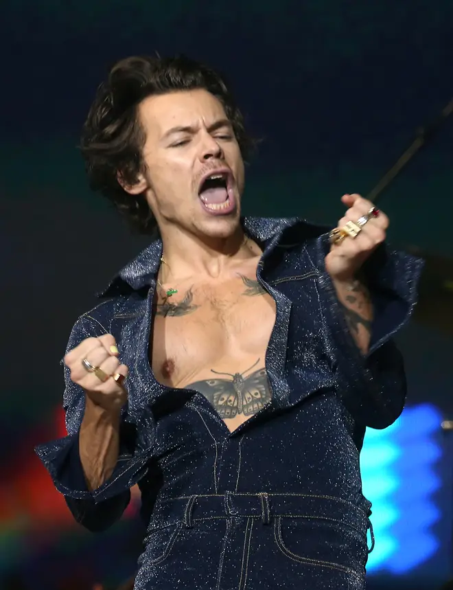 Here's an up close of Harry Styles's outfit showing off his tattoos from the 2019 Jingle Bell Ball