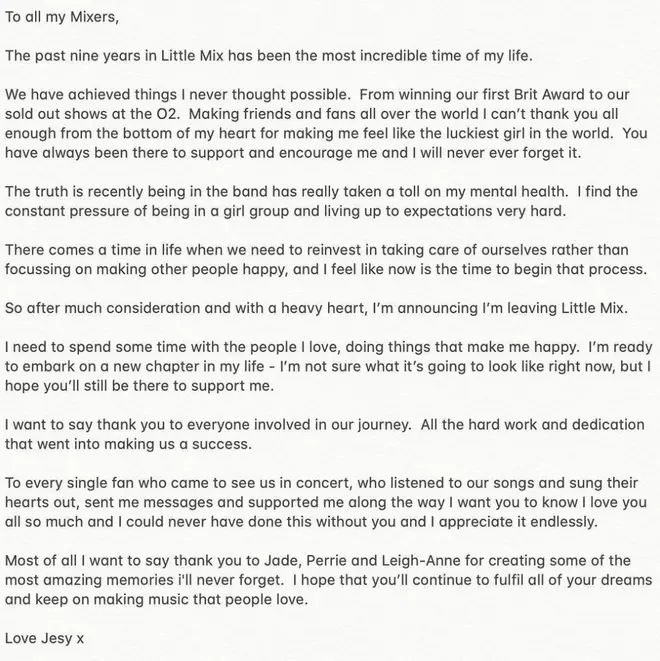Jesy has released her own personal statement.
