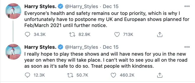 Harry Styles postpones tour dates planned for February/March